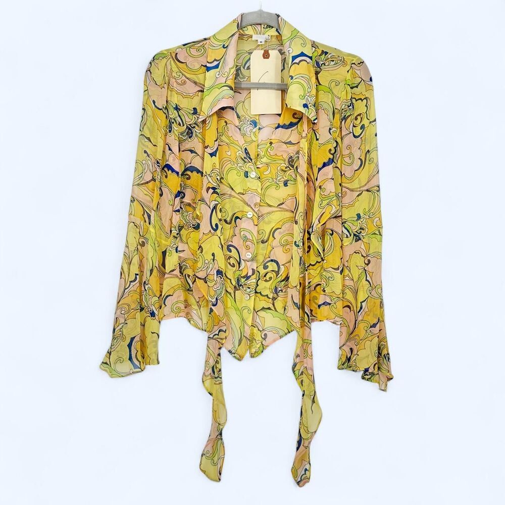 Vintage 2003 Illia Yellow Psychedelic Swirl Tie Hem Blouse Size 6